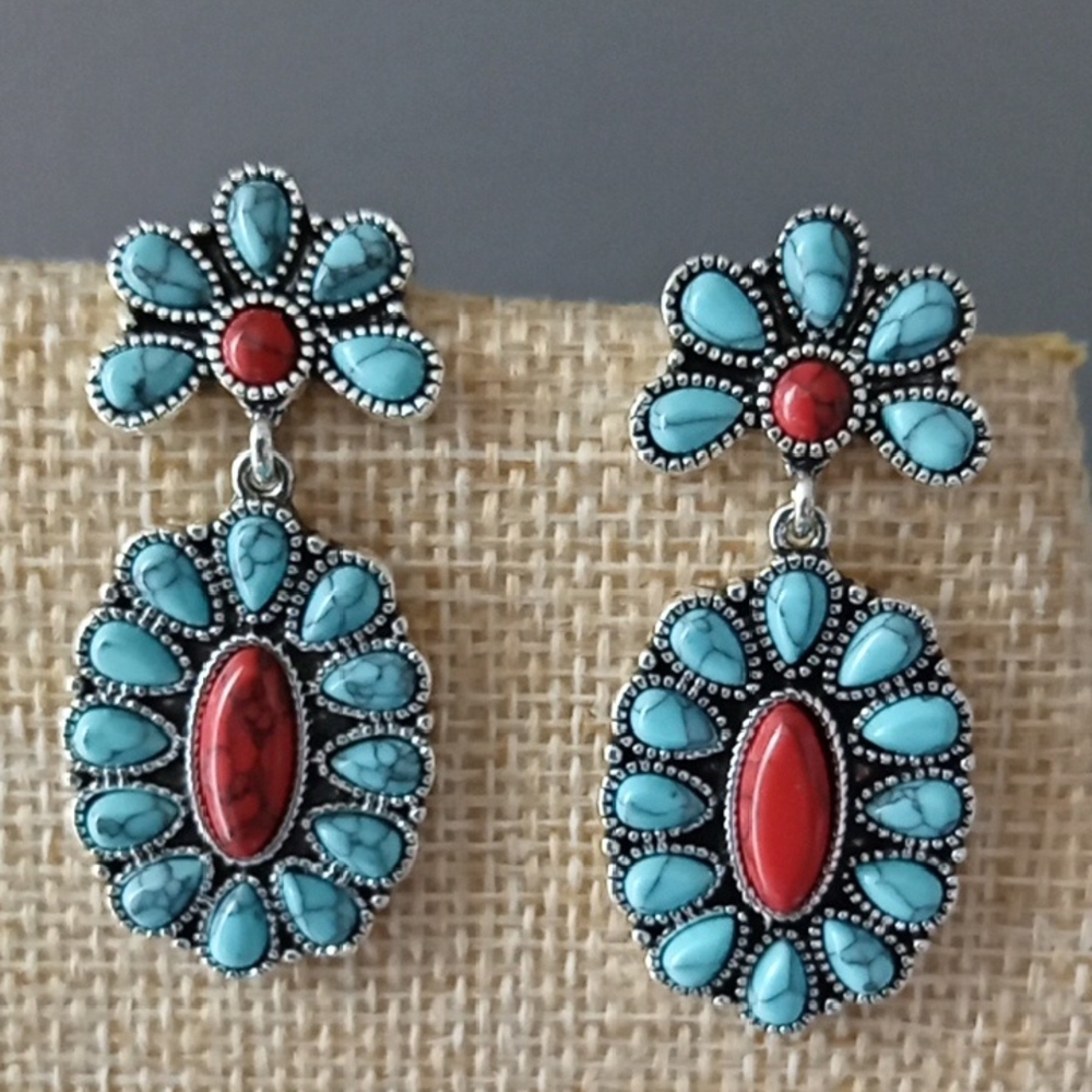 Turquoise and Red Floral Drop Earrings